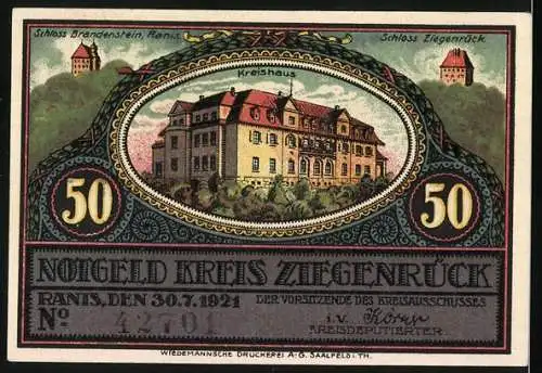 Notgeld Ranis 1921, 50 Pfennig, Gefells i. V. Rathaus Gefell und Kreishaus Ziegenrück, Kreis Ziegenrück