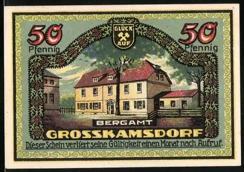 Notgeld Ranis 1921, 50 Pfennig, Bergamt Gebäude Grosskamsdorf und Aufruf zur Gültigkeit