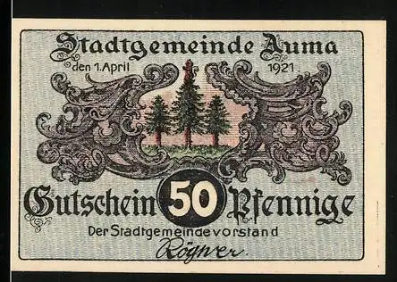 Notgeld Auma 1921, 50 Pfennig, Stadtgemeinde Auma mit Wäldchen und Pilze