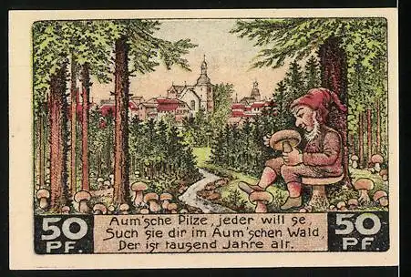 Notgeld Auma 1921, 50 Pfennig, Stadtgemeinde Auma mit Wäldchen und Pilze