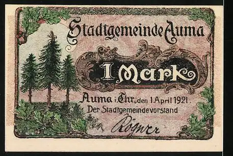 Notgeld Auma, 1921, 1 Mark, Stadt im Wald mit Zwerg und Pilzen