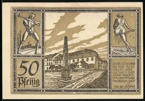 Notgeld Auma 1921, 50 Pfennig, Stadtansicht mit Obelisk und Wappen auf Rückseite