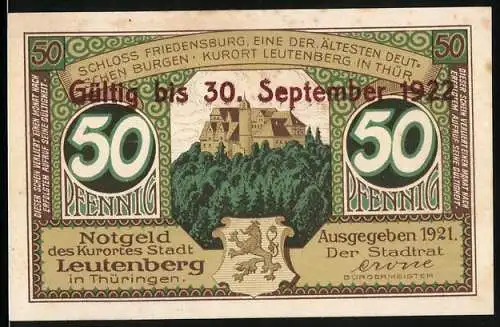 Notgeld Leutenberg 1921, 50 Pfennig, Schloss Friedensburg und Thüringer Klösse und Braten, Gültig bis 30.09.1922