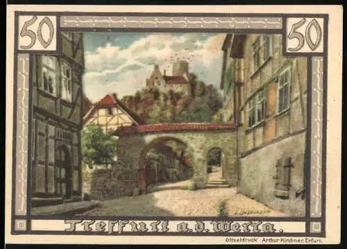 Notgeld Treffurt a.d. Werra, 1921, 50 Pfennig, Stadtansicht mit Burgtor und Stadtwappen