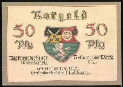 Notgeld Treffurt a.d. Werra, 1921, 50 Pfennig, Stadtansicht mit Burgtor und Stadtwappen