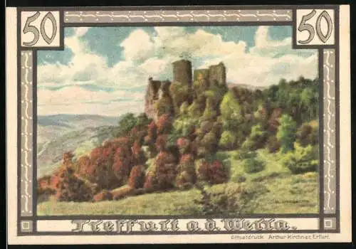 Notgeld Treffurt a.d. Werra, 1921, 50 Pfennig, Burg auf Hügel und Stadtwappen, gültig bis 1.4.1922