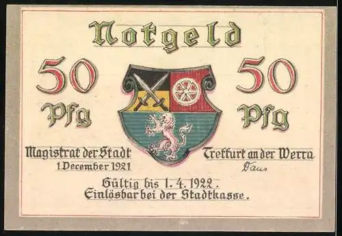 Notgeld Treffurt a.d. Werra, 1921, 50 Pfennig, Burg auf Hügel und Stadtwappen, gültig bis 1.4.1922