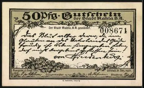 Notgeld Kahla 1921, 50 Pfennig, Gutschein der Stadt Kahla S.A. mit der Leuchtenburg im Hintergrund