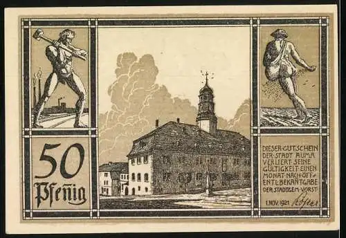 Notgeld Auma, 1921, 50 Pfennig, Stadtwappen und Gebäudeabbildung mit Arbeitern