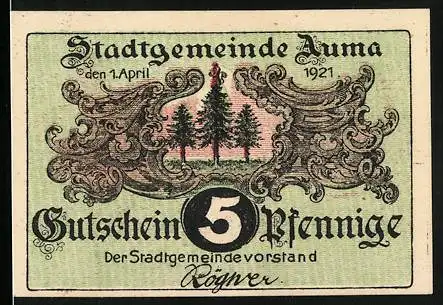 Notgeld Auma 1921, 5 Pfennig, Stadtgemeinde Auma mit Wald und Pilzen, Rückseite mit Zwerg und Stadtansicht