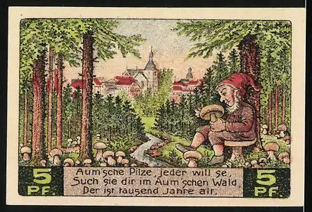 Notgeld Auma 1921, 5 Pfennig, Stadtgemeinde Auma mit Wald und Pilzen, Rückseite mit Zwerg und Stadtansicht