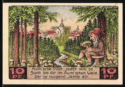Notgeld Auma, 1921, 10 Pfennig, mit Wald und Zwerg-Bildmotiv