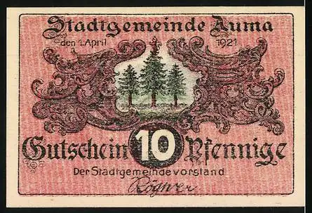 Notgeld Auma, 1921, 10 Pfennig, mit Wald und Zwerg-Bildmotiv