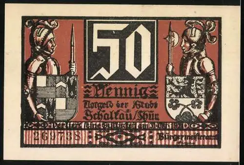 Notgeld Schalkau 1921, 50 Pfennig, Ritter mit Soldaten und Wappen