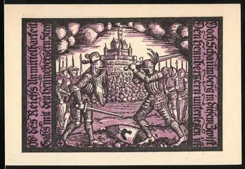 Notgeld Schalkau, 50 Pfennig, Ritterkampf mit Burg im Hintergrund