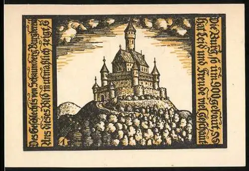 Notgeld Schalkau 1920, 50 Pfennig, Abbildung von Rittern und Burg auf Hügel