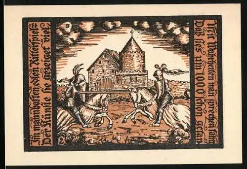 Notgeld Schalkau, 50 Pfennig, Ritter mit Burg und Stadtwappen auf orange-schwarzem Hintergrund