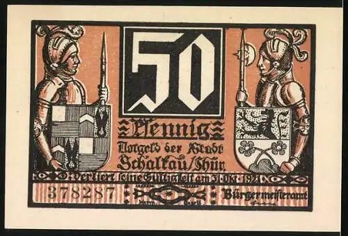 Notgeld Schalkau, 50 Pfennig, Ritter mit Burg und Stadtwappen auf orange-schwarzem Hintergrund