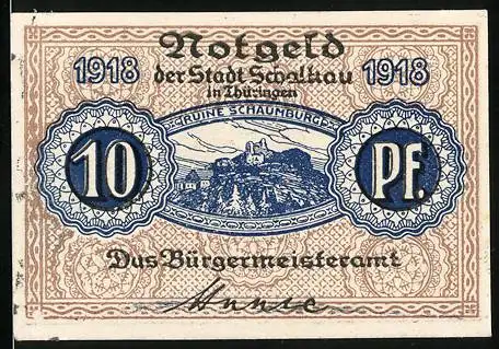 Notgeld Schalkau 1918, 10 Pfennig, Ruine Schaumburg und Stadtwappen, signiert