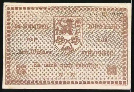 Notgeld Schalkau 1918, 10 Pfennig, Ruine Schaumburg und Stadtwappen, signiert