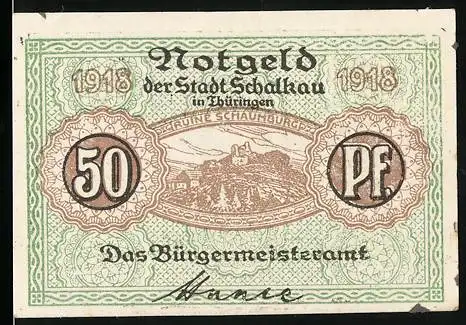 Notgeld Schalkau 1918, 50 Pf, grüne Umrandung mit Burg Schaumburg und Wappen der Stadt