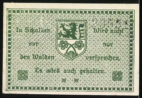 Notgeld Schalkau 1918, 50 Pf, grüne Umrandung mit Burg Schaumburg und Wappen der Stadt