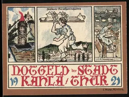 Notgeld Kahla / Thür, 1921, 25 Pfennig, Darstellungen der Porzellanindustrie und mittelalterliche Szenen