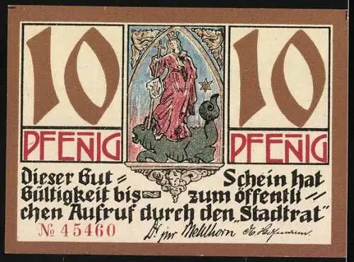 Notgeld Kahla / Thür 1921, 10 Pfennig, Burgansicht und historische Gebäude, Nr. 45460
