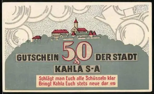 Notgeld Kahla S-A, 1921, 50 Pfennig, Stadtansicht und Spruch, Ausgabe am 15. August 1921, Verfall am 31. Dezember 1921