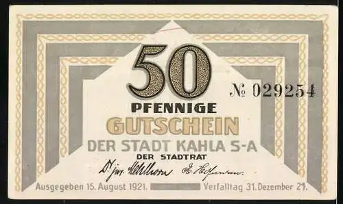 Notgeld Kahla S-A, 1921, 50 Pfennig, Stadtansicht und Spruch, Ausgabe am 15. August 1921, Verfall am 31. Dezember 1921