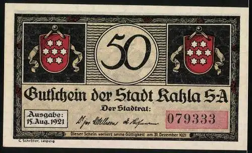 Notgeld Kahla 1921, 50 Pfennig, musizierende Menschen und Stadtwappen