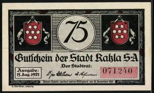 Notgeld Kahla 1921, 75 Pfennig, lyrischer Text und Stadtwappen, Gültigkeit bis 31. Dezember 1921