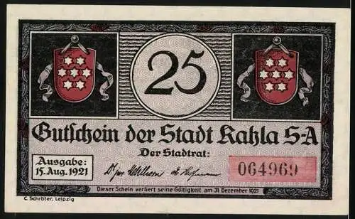 Notgeld Kahla, 1921, 25 Pfennig, Tanzendes Volk und Stadtansicht mit Wappen