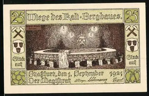 Notgeld Stassfurt 1921, 25 Pfennig, Wiege des Kalibergbaus und Stadtwappen, Druck Himmer Augsburg