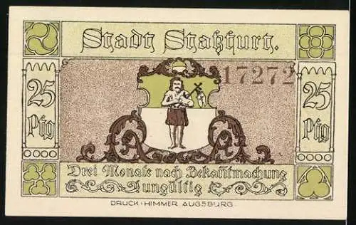 Notgeld Stassfurt 1921, 25 Pfennig, Wiege des Kalibergbaus und Stadtwappen, Druck Himmer Augsburg