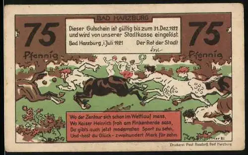 Notgeld Bad Harzburg, 1921, 75 Pfennig, Pferderennen mit Reitern, Harzburger Rennen, Druckerei Paul Rosdorff