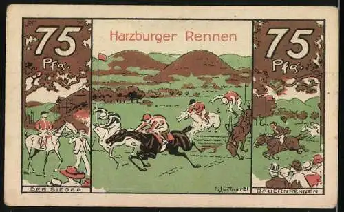 Notgeld Bad Harzburg, 1921, 75 Pfennig, Pferderennen mit Reitern, Harzburger Rennen, Druckerei Paul Rosdorff