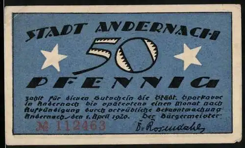 Notgeld Andernach, 1920, 50 Pfennig, blau mit weissen Sternen und Stadtwappen, Nummer 112463