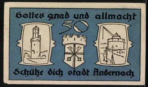 Notgeld Andernach, 1920, 50 Pfennig, blau mit weissen Sternen und Stadtwappen, Nummer 112463