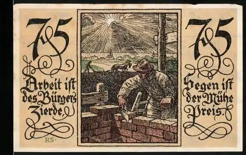 Notgeld Rotenburg 1921, 75 Pfennig, Arbeit ist des Bürgers Zierde, Gegen ist der Mühle Preis, Stadtansicht