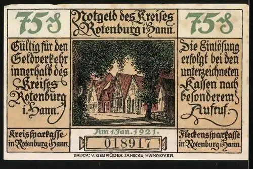 Notgeld Rotenburg 1921, 75 Pfennig, Arbeit ist des Bürgers Zierde, Gegen ist der Mühle Preis, Stadtansicht