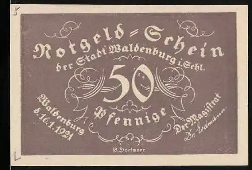 Notgeld Waldenburg 1921, 50 Pfennige, Jubiläum 140 Jahre Waldenburger Bergkapelle, illustriert mit Frau und Lyra