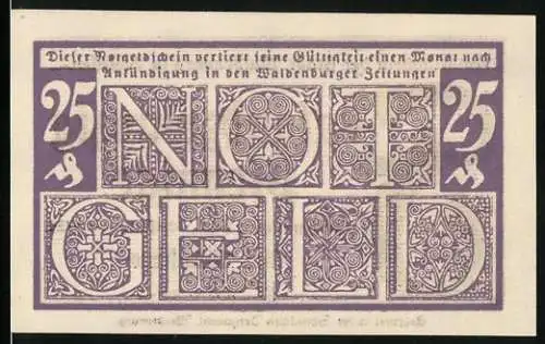 Notgeld Waldenburg, 1920, 25 Pfennig, violett-weisse kunstvolle Ornamente und Schriftzüge, Stadtname und Ausgabedatum