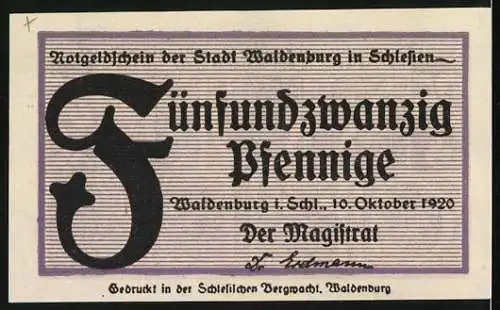 Notgeld Waldenburg, 1920, 25 Pfennig, violett-weisse kunstvolle Ornamente und Schriftzüge, Stadtname und Ausgabedatum