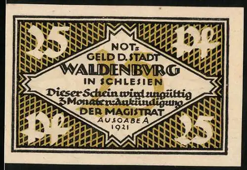 Notgeld Waldenburg 1921, 25 Pf, Vorderseite Stadtname und Gültigkeitsbedingungen, Rückseite grafisches Design mit Wert