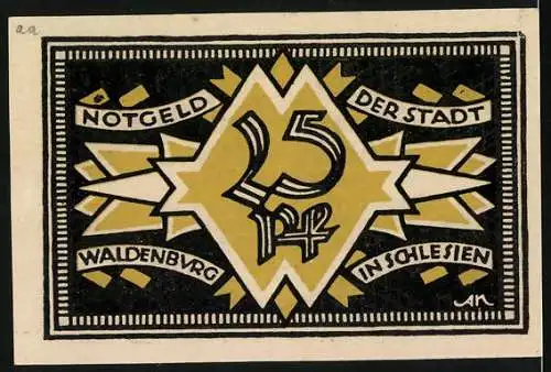 Notgeld Waldenburg 1921, 25 Pf, Vorderseite Stadtname und Gültigkeitsbedingungen, Rückseite grafisches Design mit Wert