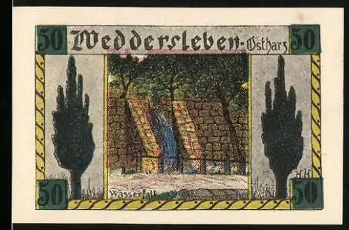 Notgeld Weddersleben, 1921, 50 Pfennig, Wasserfall und Klee-Motiv, gültig nach 1 Monat nach Aufruf