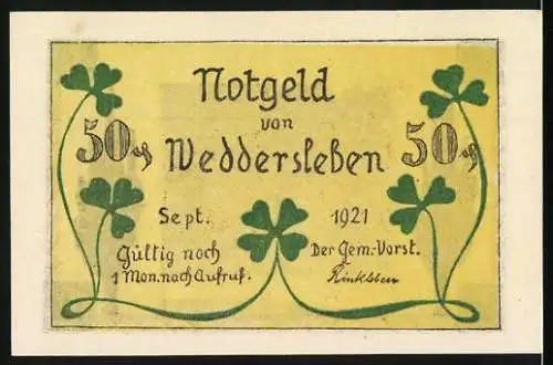 Notgeld Weddersleben, 1921, 50 Pfennig, Wasserfall und Klee-Motiv, gültig nach 1 Monat nach Aufruf