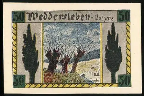 Notgeld Weddersleben 1921, 50 Pfennig, Landschaft mit Bäumen und Fluss Bode, Rückseite mit Kleeblättern