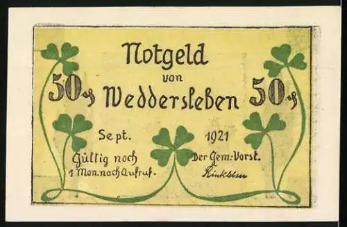 Notgeld Weddersleben 1921, 50 Pfennig, Landschaft mit Bäumen und Fluss Bode, Rückseite mit Kleeblättern